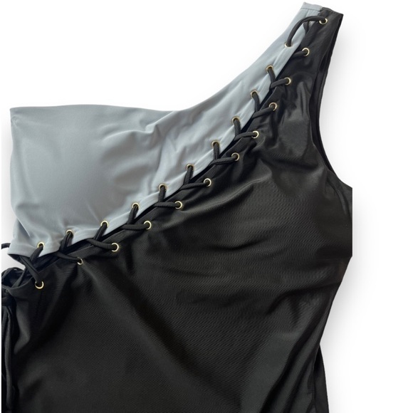 Maripily One Shoulder Asymmetrical Lace Up Blue/Black One Piece Swimsuit NEW XXL - Picture 8 of 8